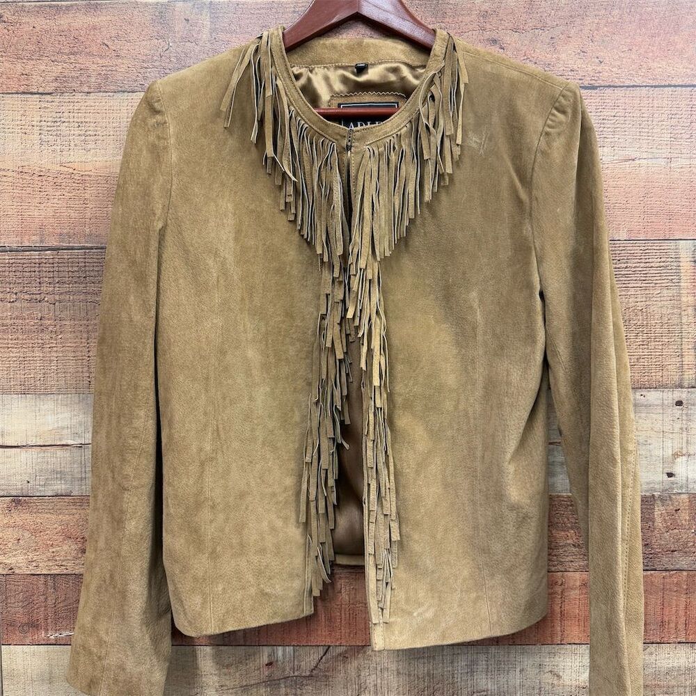 Vintage Adler Women's Beige Fringe Leather Suede Jacket Size L Mid-Length Casual